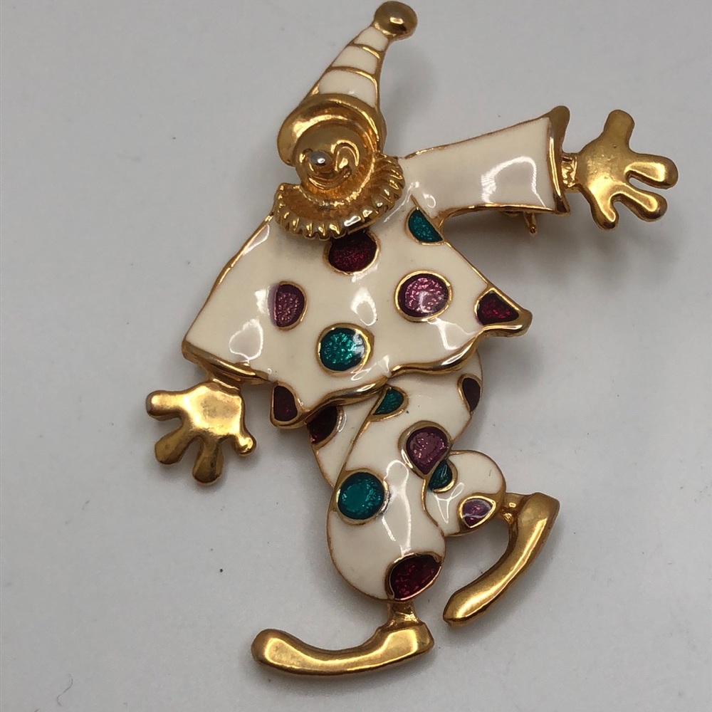 Dirk Co Cheerful Clown w/Articulated Legs white Enamel Gold tone Glitter Brooch.